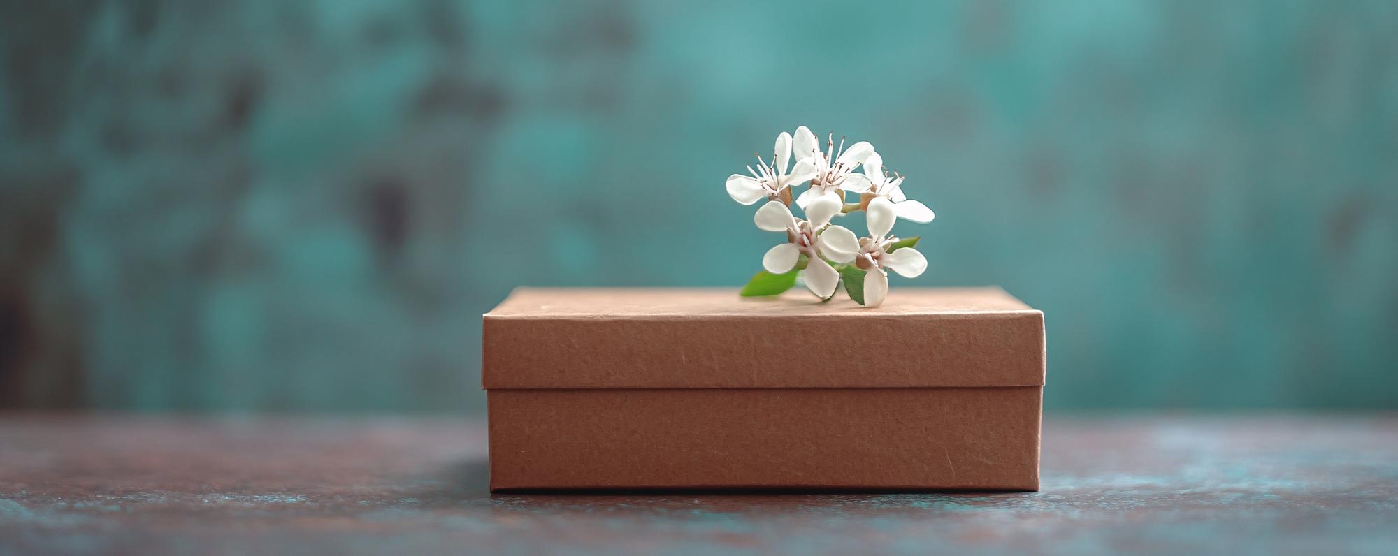 brown gift box with white flower top sitting table against turquoise background 661495 75248